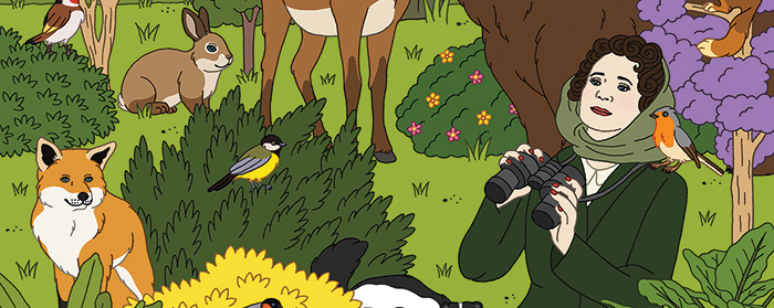 An illustration of a woman surrounded by animals as she nature watches
