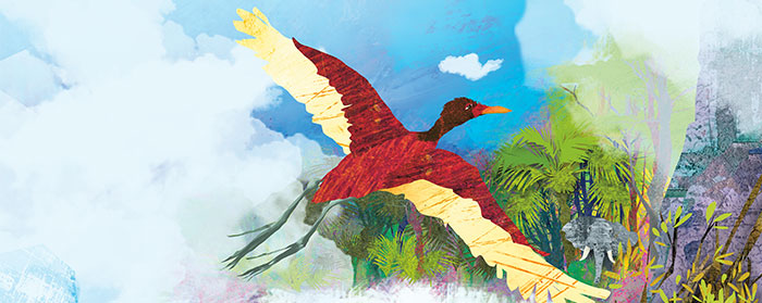 Illustration of a colorful bird flying over beautiful forest as an elephant peeks out