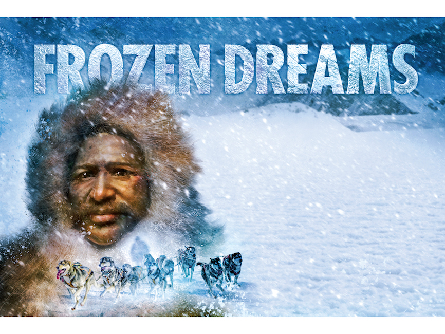 illustration of an explorer in the snow with a pack of snow dogs