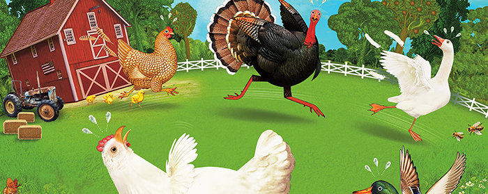 illustration of panicked birds running around a farm