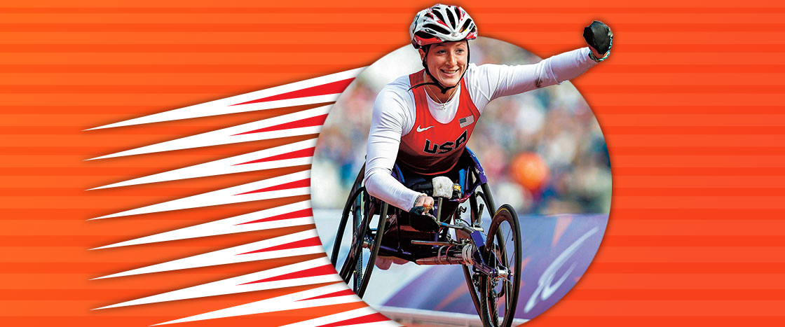 a woman in a racing wheelchair and helmet races in front of a textured orange background