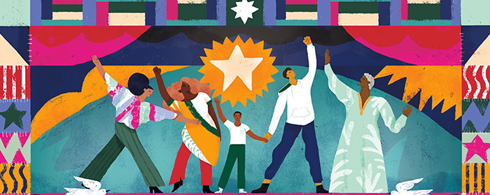 illustration of people lifting their arms up to the sky