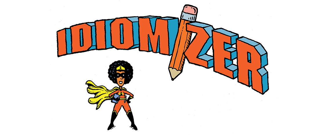 Illustration of a woman with an afro wearing a superhero suit and the text "Idiomizer"