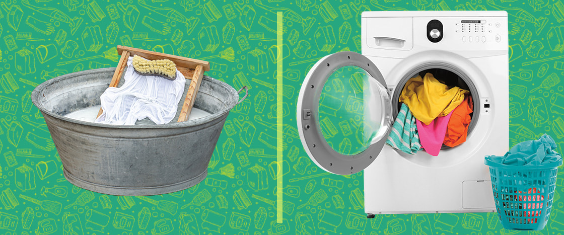 Image on left is an old way to wash clothes with a bucket and on right is a washing machine