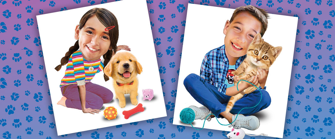 Image of two kids with a pet dog and a pet cat