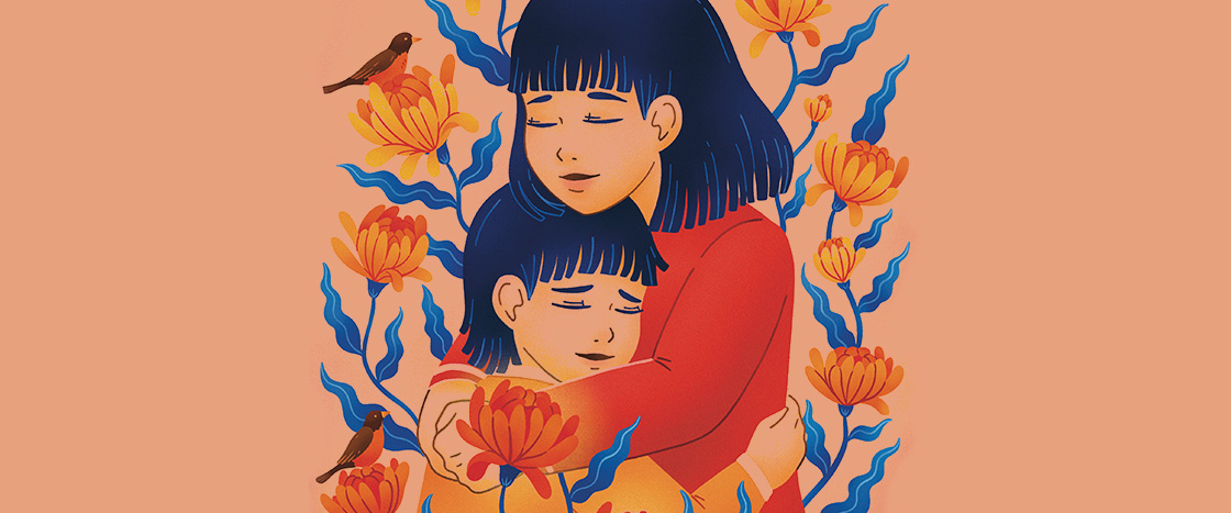 Illustration of a parent & child hugging surrounded by a border of flowers and birds