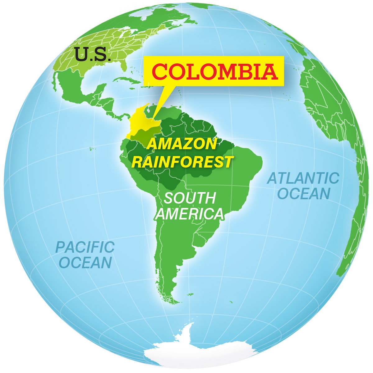World map highlighting the Amazon Rainforest in Colombia