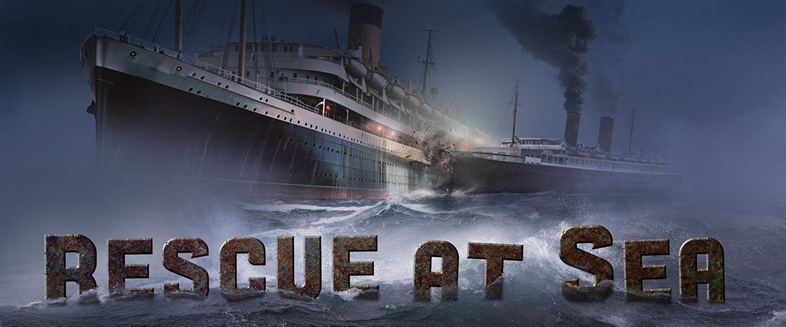 Image of large ship and text, "Rescue At Sea"