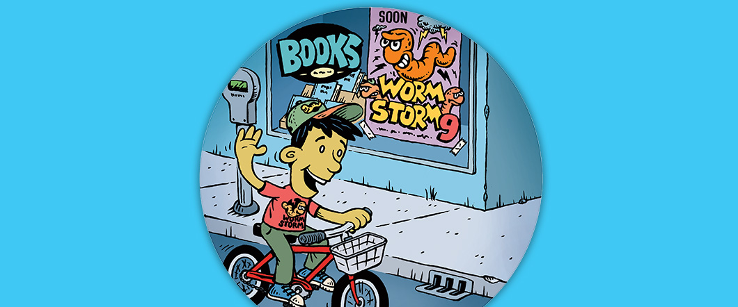 Illustration of a kid riding a bike and waving