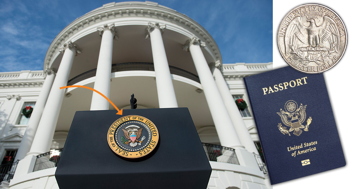 Image of the eagle on the presidential seal, U.S. passport, and quarter