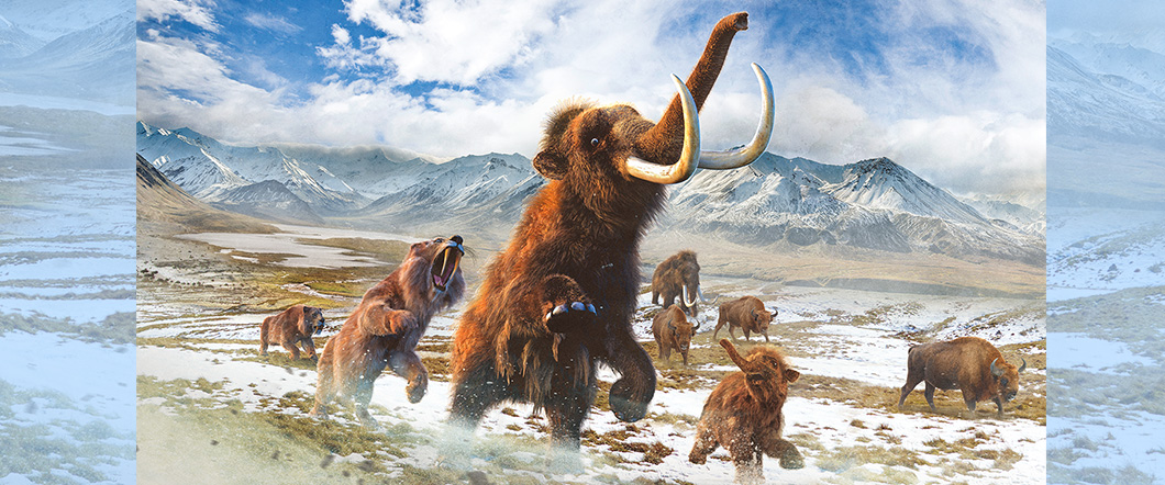 Image of mammoths in a snowy landscape running away from saber-toothe tigers