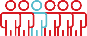 Icon of six people, five red and one blue