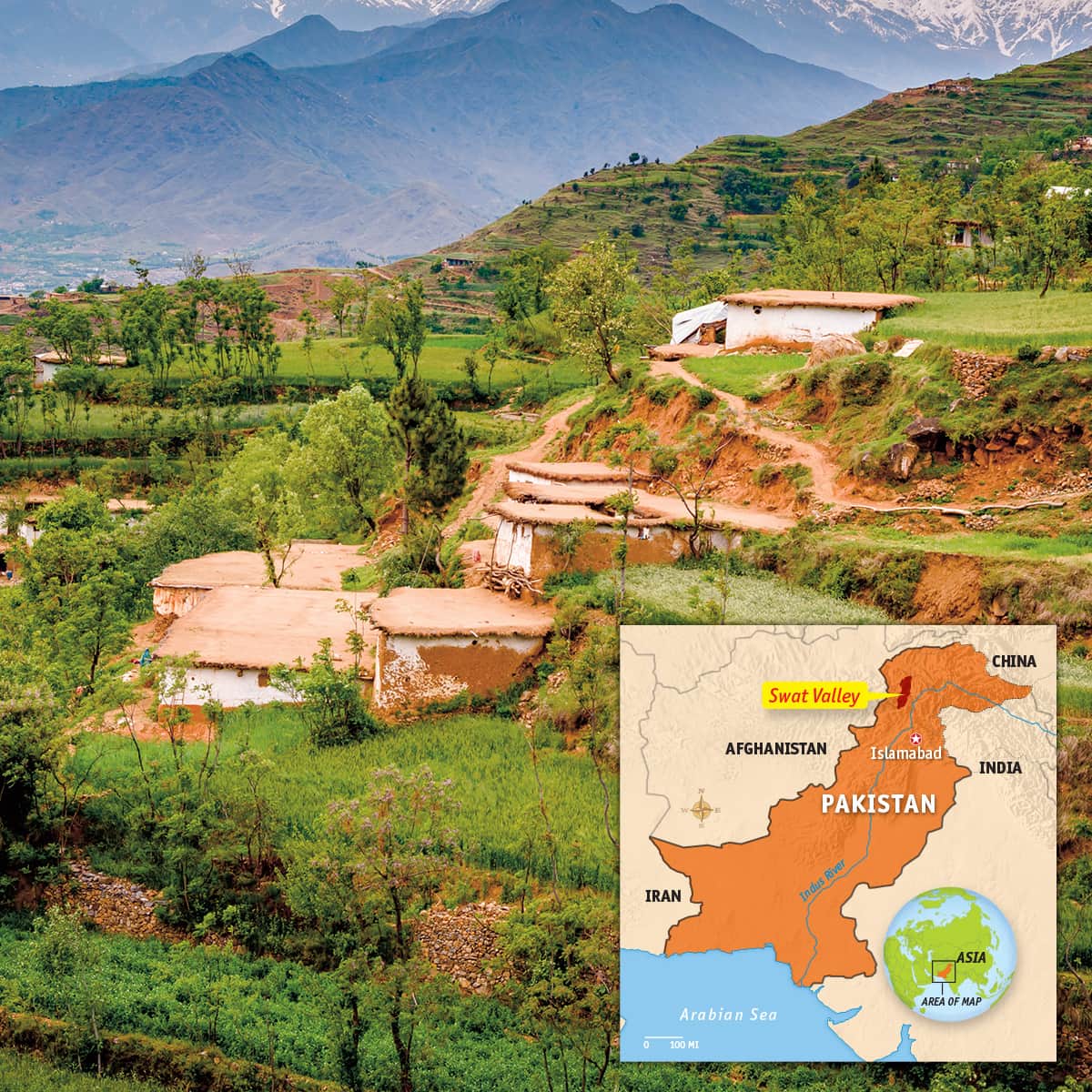 Map showing Swat Valley and a bird&apos;s eye view of it as well