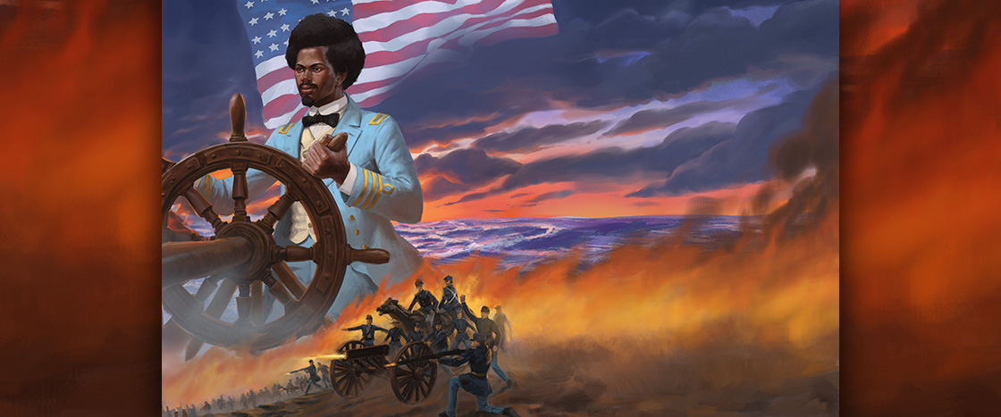 Image of soldiers at war with American flag in background