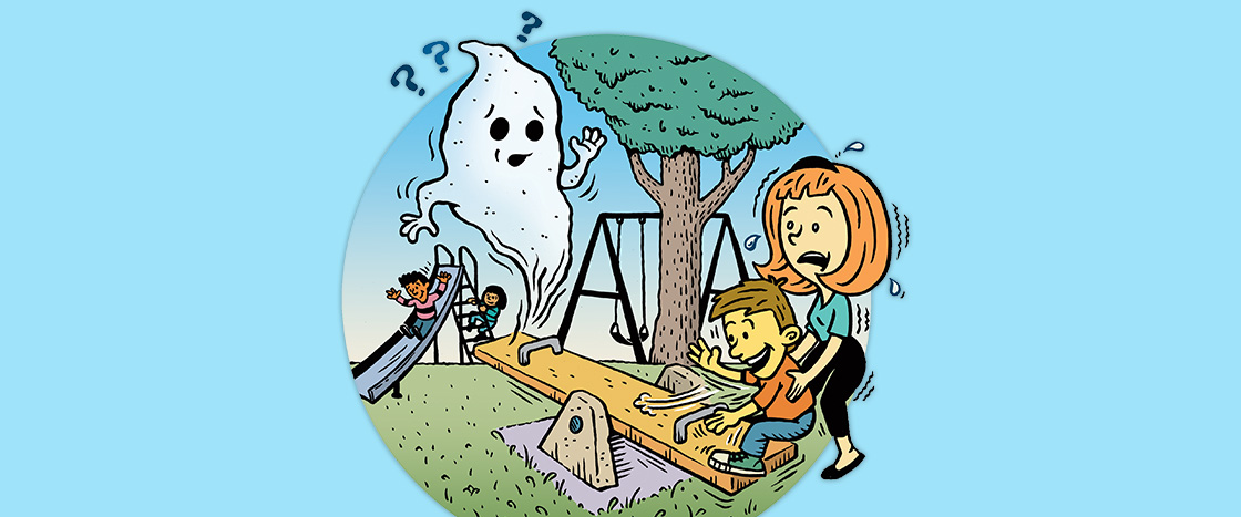 Illustration of a kid playing with a ghost on playground while parent is scared