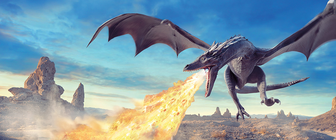 Illustration of a dragon flying with flames coming out of its mouth