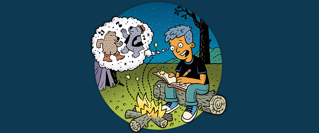 Illustration of a camper experiencing writer's block