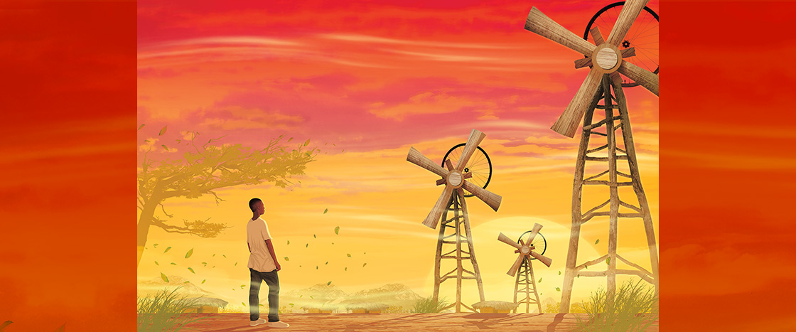 Illustration of a person looking at windmills