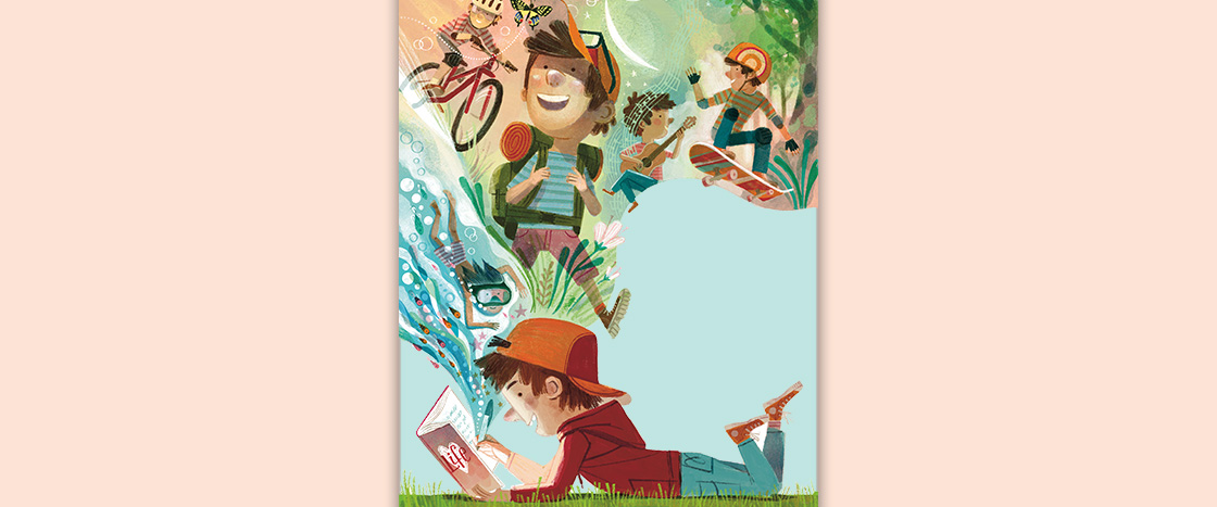 Illustration of kid reading book and imagining themselves doing all these adventurous things