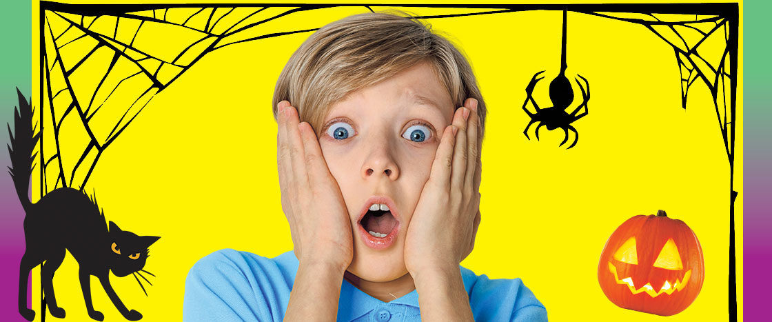 Image of scared kid with black cat, spider, and pumpkin in background