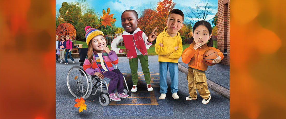 Illustration of four kids hanging out at recess